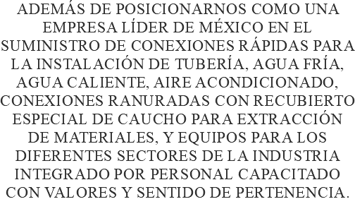 además de posicionarnos como una empresa Líder de México en el suministro de conexiones rápidas para la instalación de Tubería, Agua fría, Agua caliente, Aire acondicionado, Conexiones ranuradas con recubierto especial de caucho para extracción de materiales, y equipos para los diferentes sectores de la industria integrado por personal capacitado con valores y sentido de pertenencia.